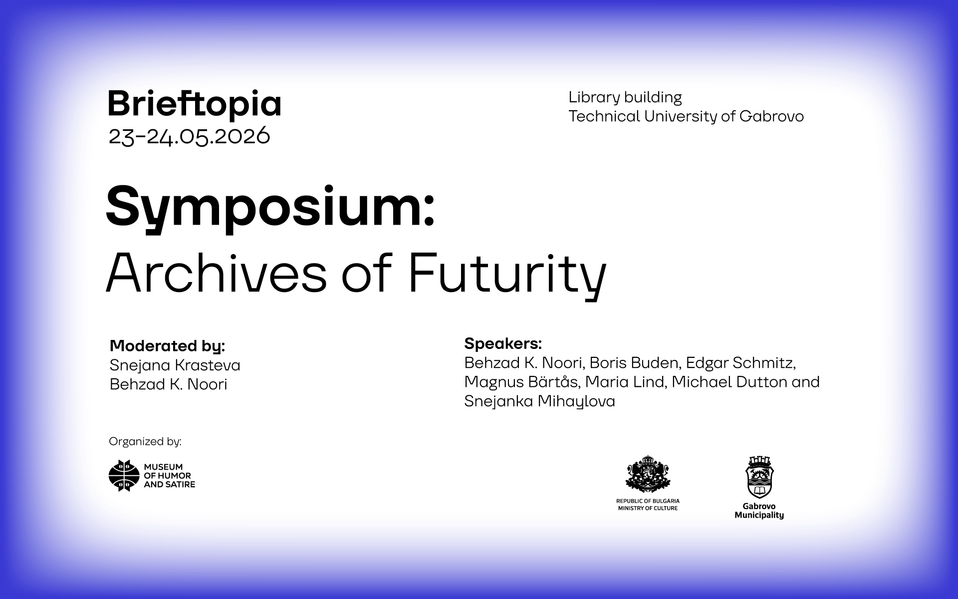 Poster for the Brieftopia symposium Archives of Futurity, 23 to 24 May 2026, Technical University of Gabrovo
