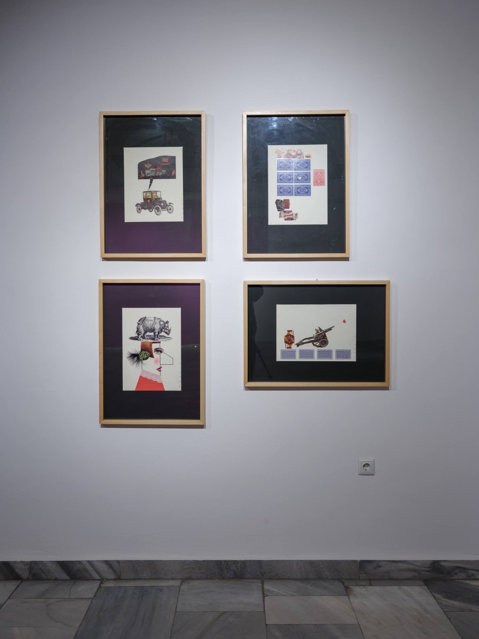 Installation view of four cartoons by Kambiz Derambakhsh